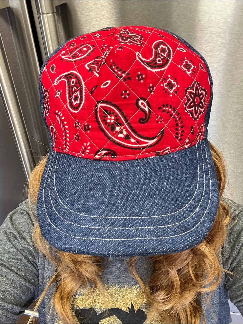 Adult Red Bandana Quilted Cap with Denim Brim